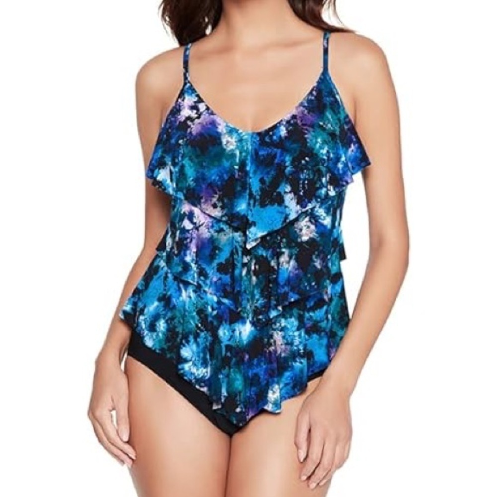 NWT Magicsuit Peace Out Rita Tiered Ruffle Swim Tankini Top Blue Sz 10